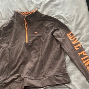 Pink , Brown Quarter-Zip Pullover with Orange Accents